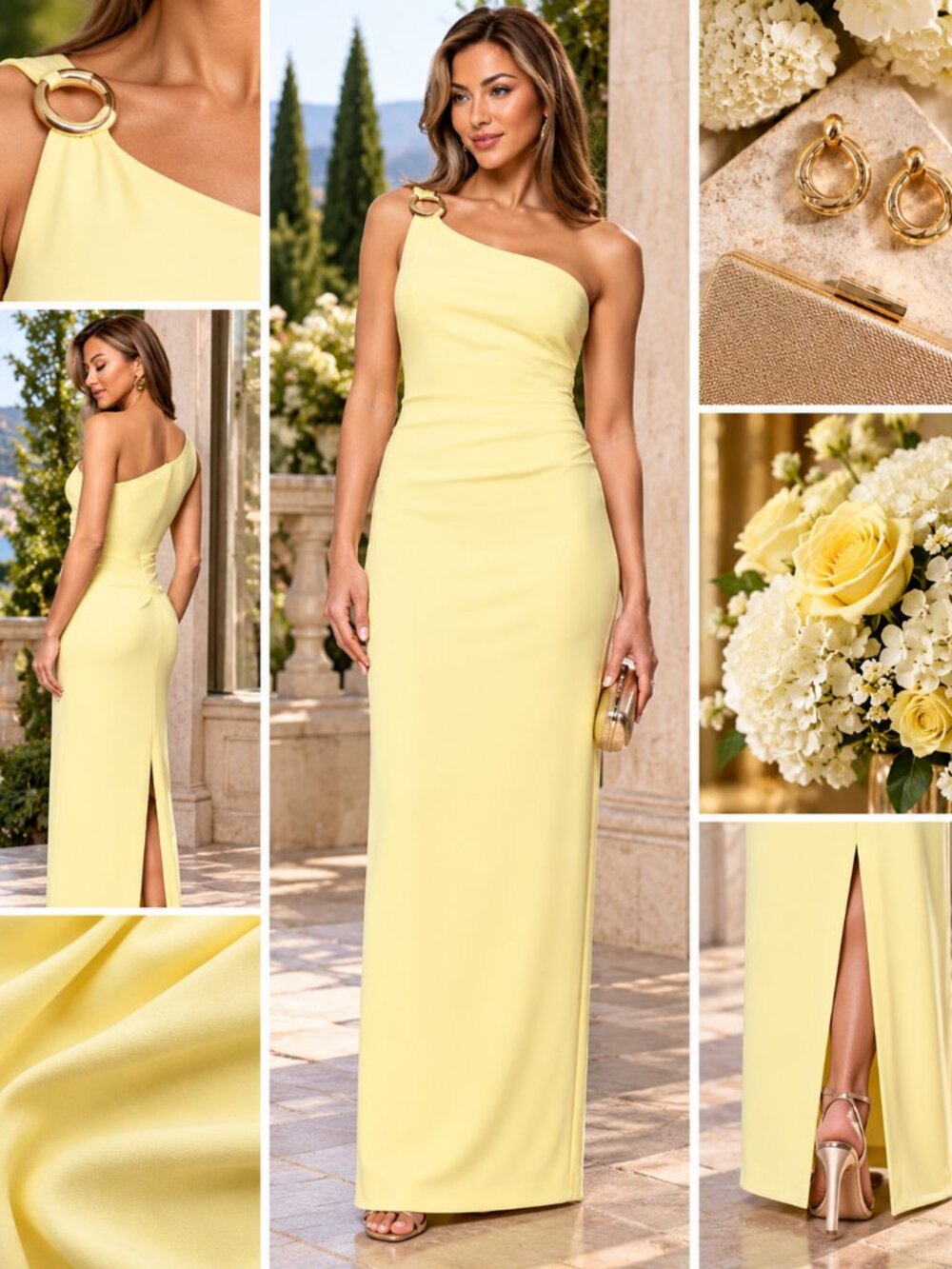 XSCAPE Petite 14P Yellow One Shoulder Ruched Formal Column Gown